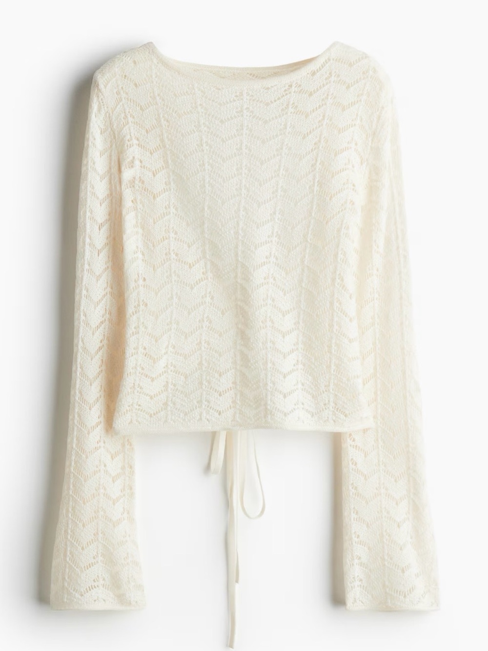 Cream Pointelle Long Sleeve Tie-Back Top
